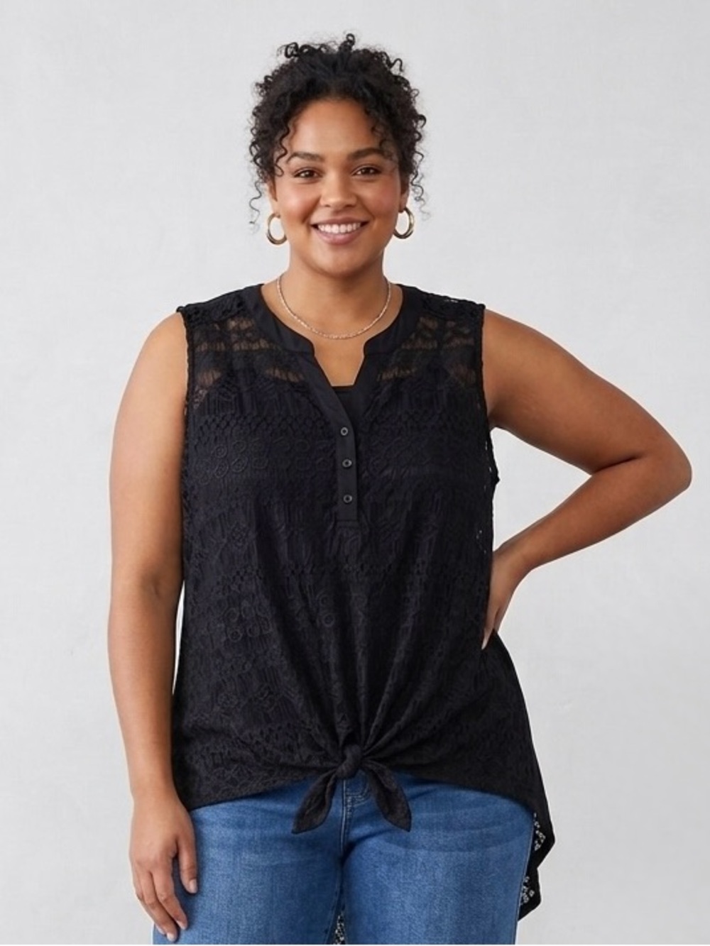 French Laundry Black Lace Tie Front Tank Top 3X Whimsigoth High Low Henley
